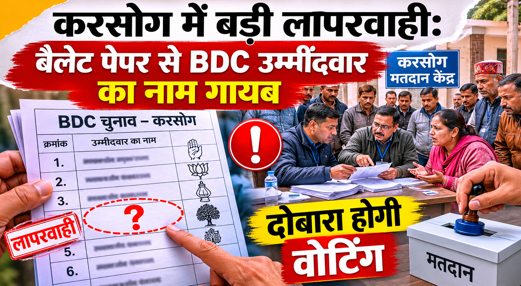 करसोग में बड़ी लापरवाही: बैलेट पेपर से BDC उम्मीदवार का नाम गायब...