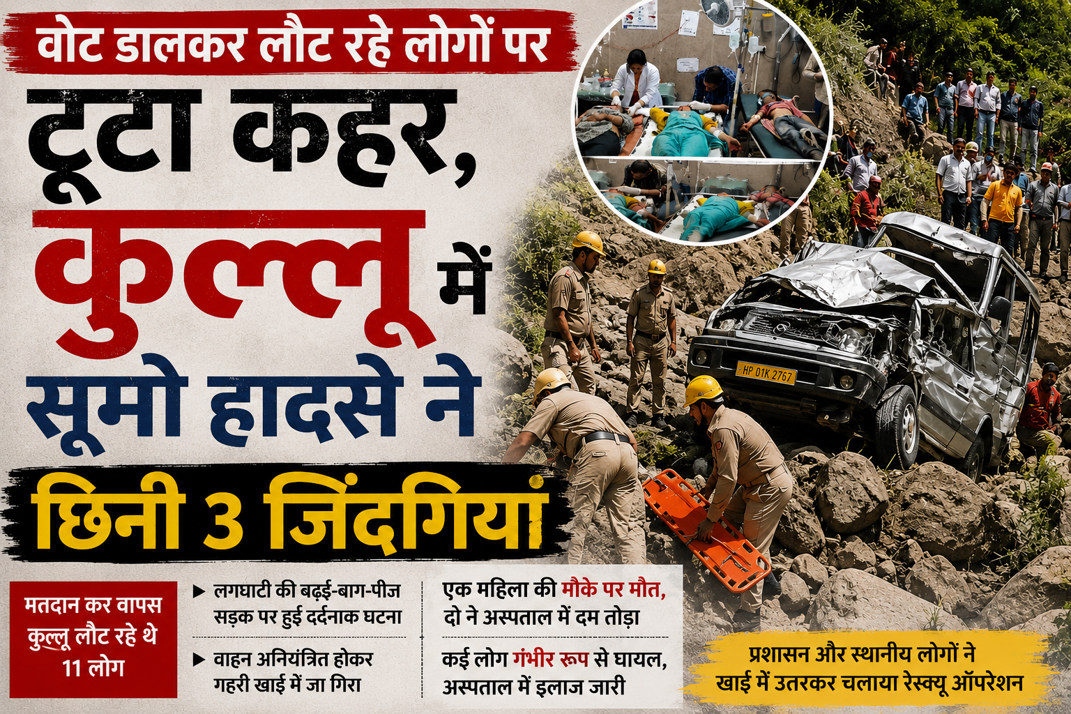 कुल्लू में चीख-पुकार: पंचायत चुनाव से लौट रहे लोगों की गाड़ी खाई में समाई, 3 महिलाओं की मौत