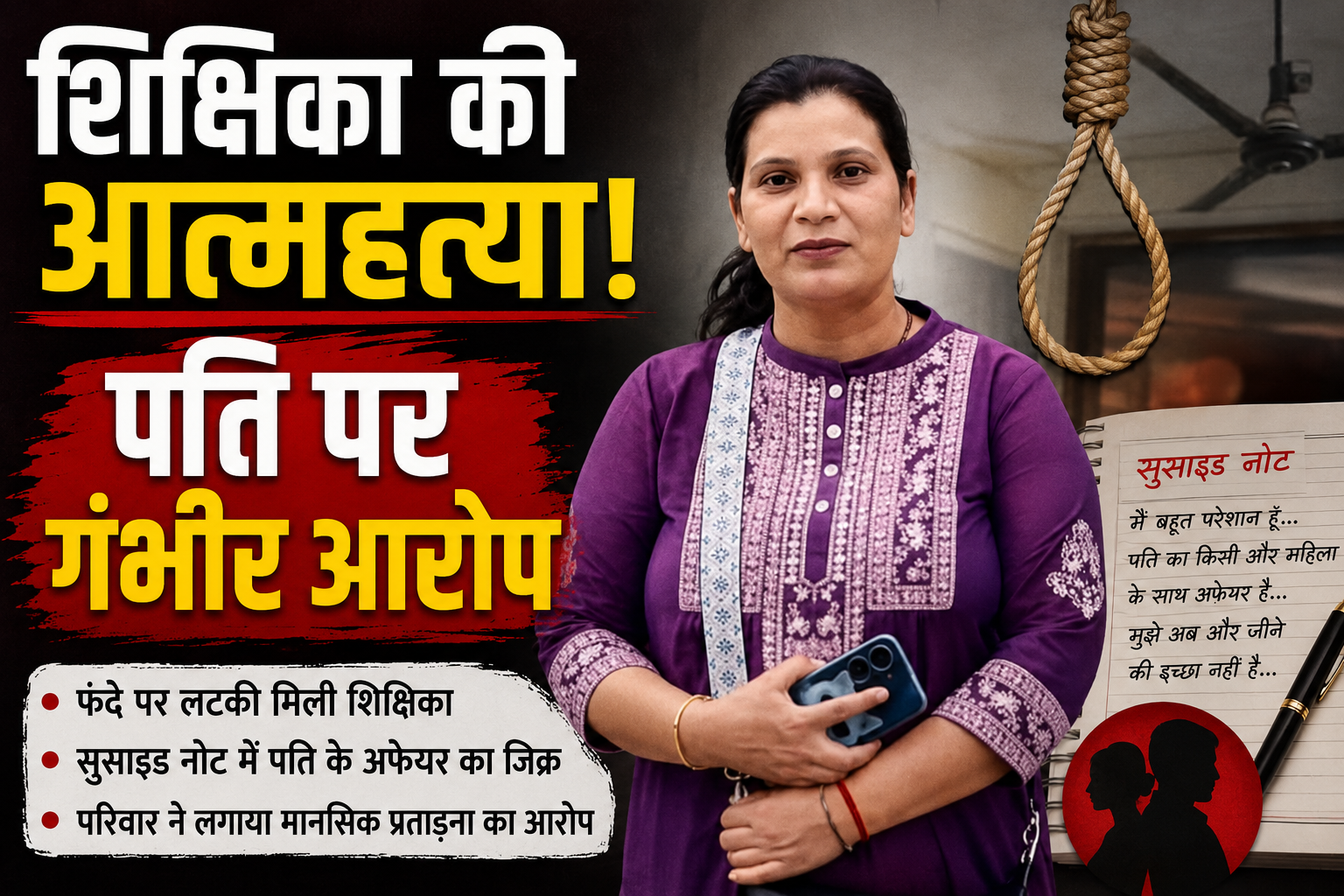 पंचकूला में फं.दे से लटकी मिली हिमाचल की शिक्षिका, सुसाइड नोट मे...