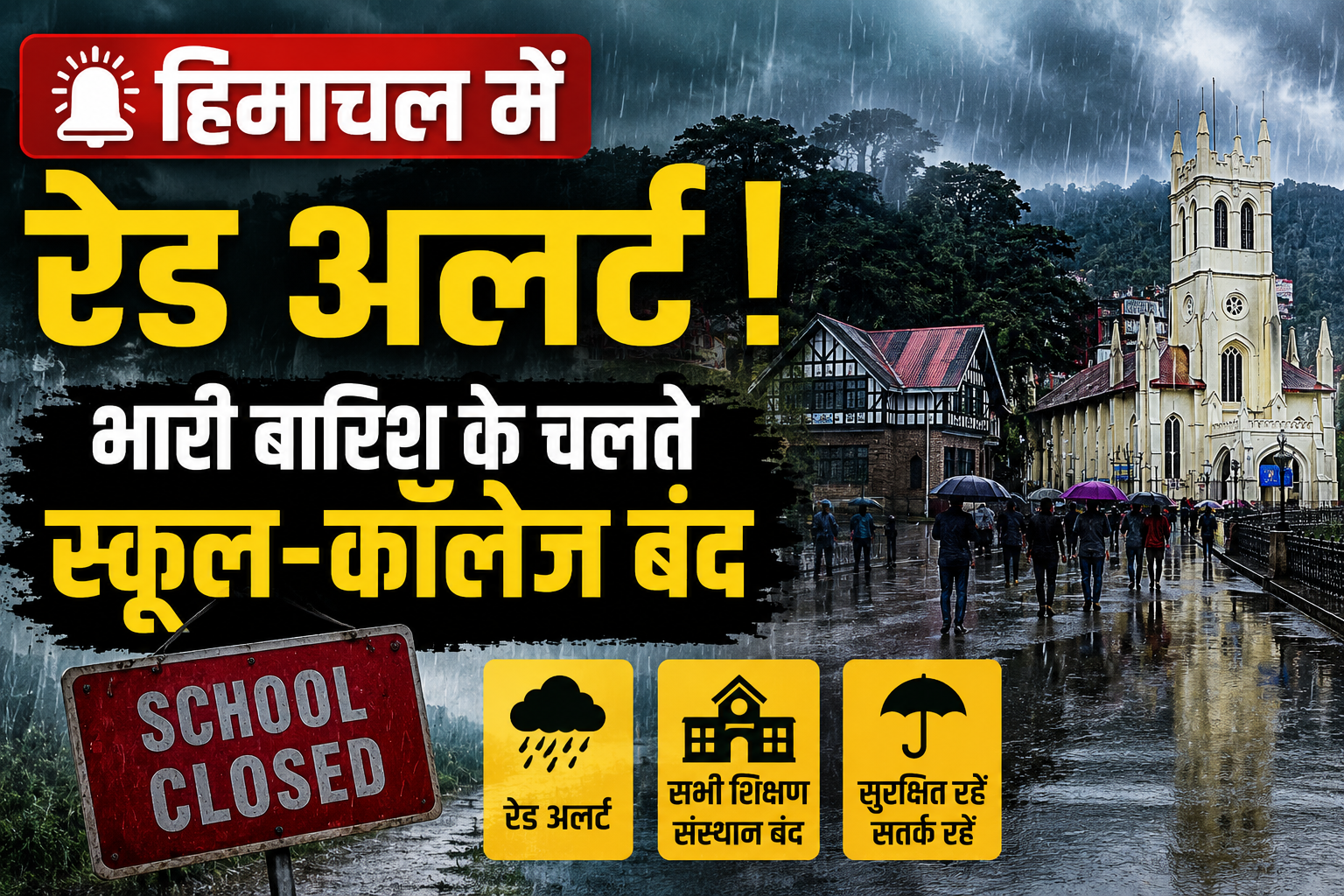 हिमाचल में बारिश का कहर: शिमला, थियोग और चंबा में रेड अलर्ट, आज सभी शिक्षण संस्थान बंद