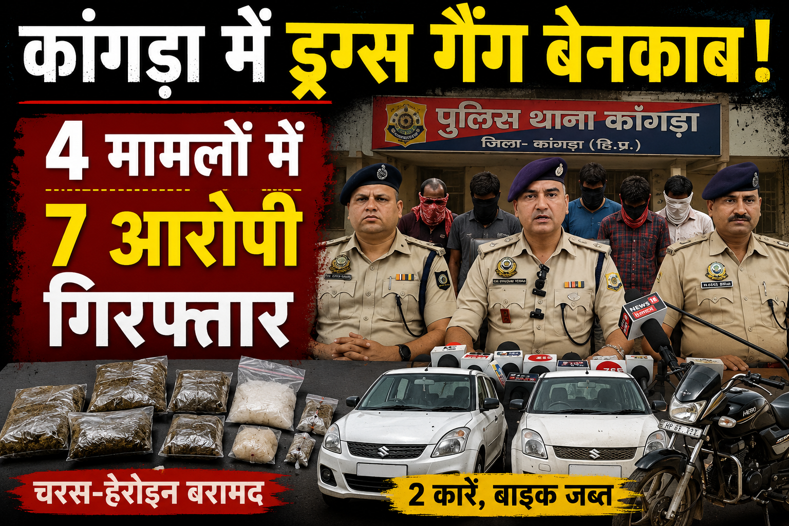 कांगड़ा पुलिस की चिट्टा-चरस तस्करों पर बड़ी कार्रवाई, 4 अलग-अलग मामले में 7 आरोपी गिरफ्तार