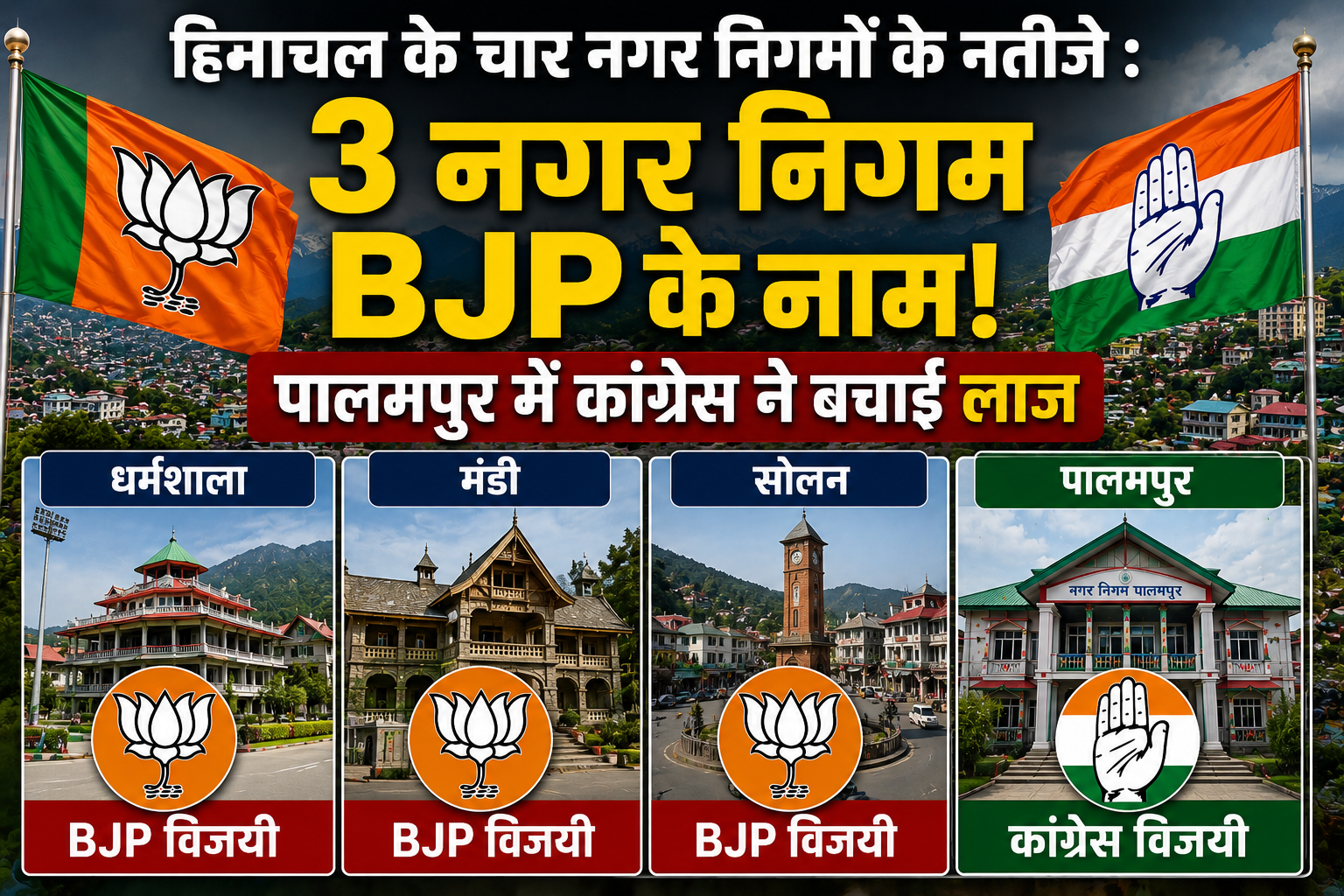 3 नगर निगम BJP के नाम!, पालमपुर में कांग्रेस ने बचाई लाज