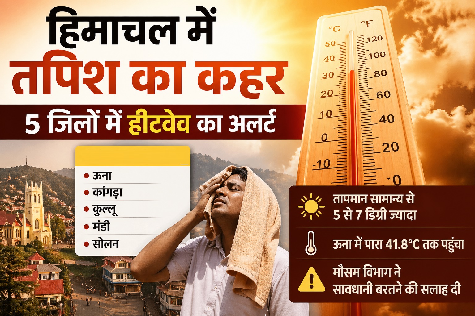 हिमाचल में तपिश का कहर: 5 जिलों में हीटवेव का अलर्ट, 8 शहरों का तापमान 35°C पार