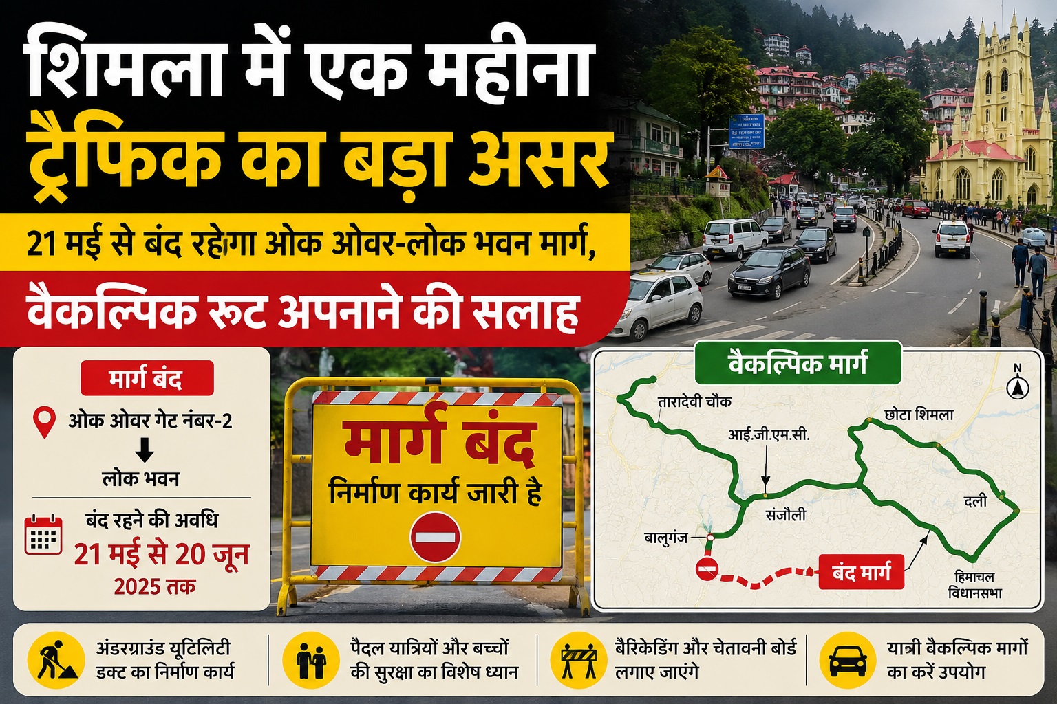 शिमला में एक महीना ट्रैफिक का बड़ा असर: 21 मई से बंद रहेगा ओक ओवर-लोक भवन मार्ग, वैकल्पिक रूट अपनाने की सलाह