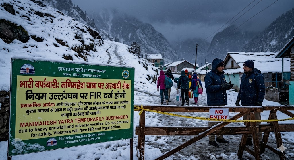 हिमाचल में भारी बर्फबारी के चलते मणिमहेश यात्रा पर अस्थायी रोक...
