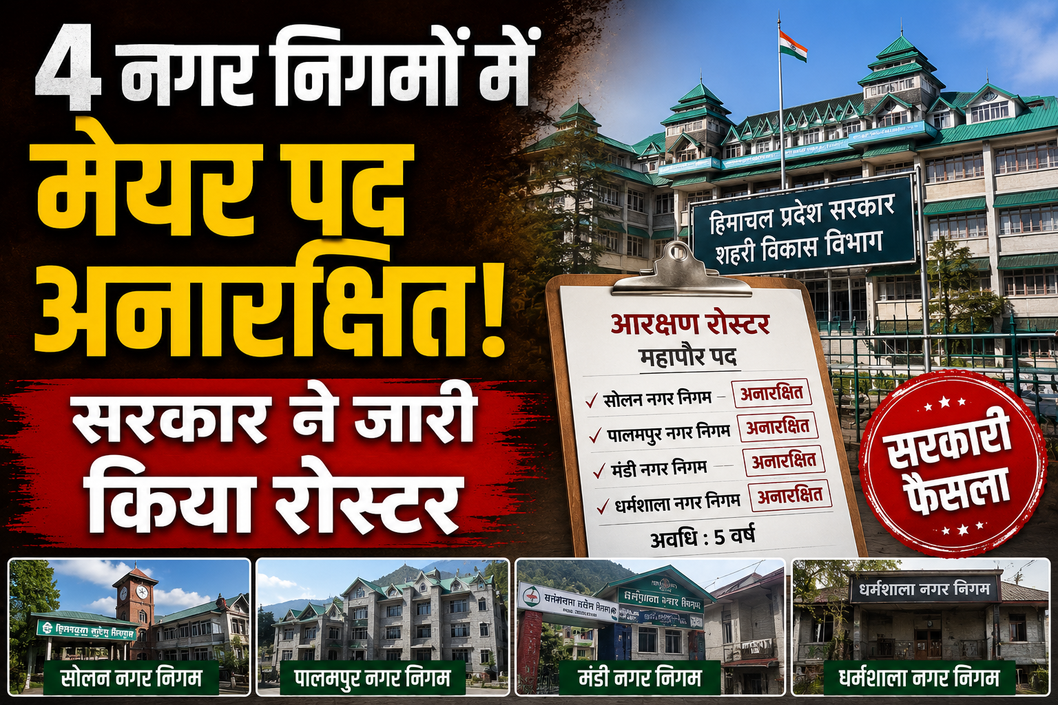 चारों नगर निगमों में जनरल श्रेणी से चुने जाएंगे मेयर, सरकार ने जारी किया रोस्टर