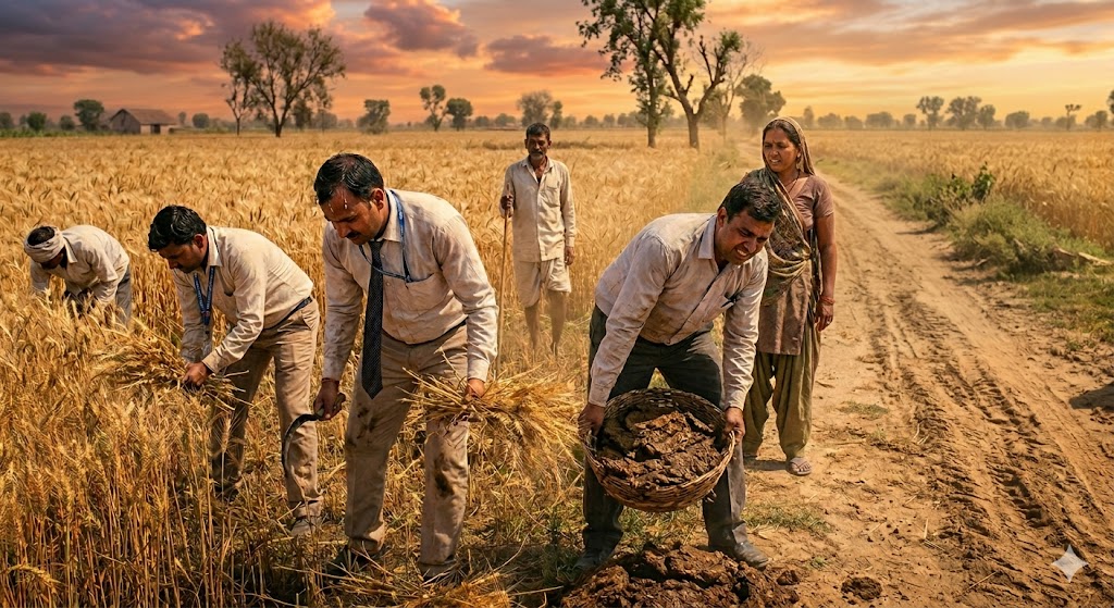 अफसरशाही की हद! सरकारी कर्मचारियों से खेत में कटवाई गेहूं, गोबर...