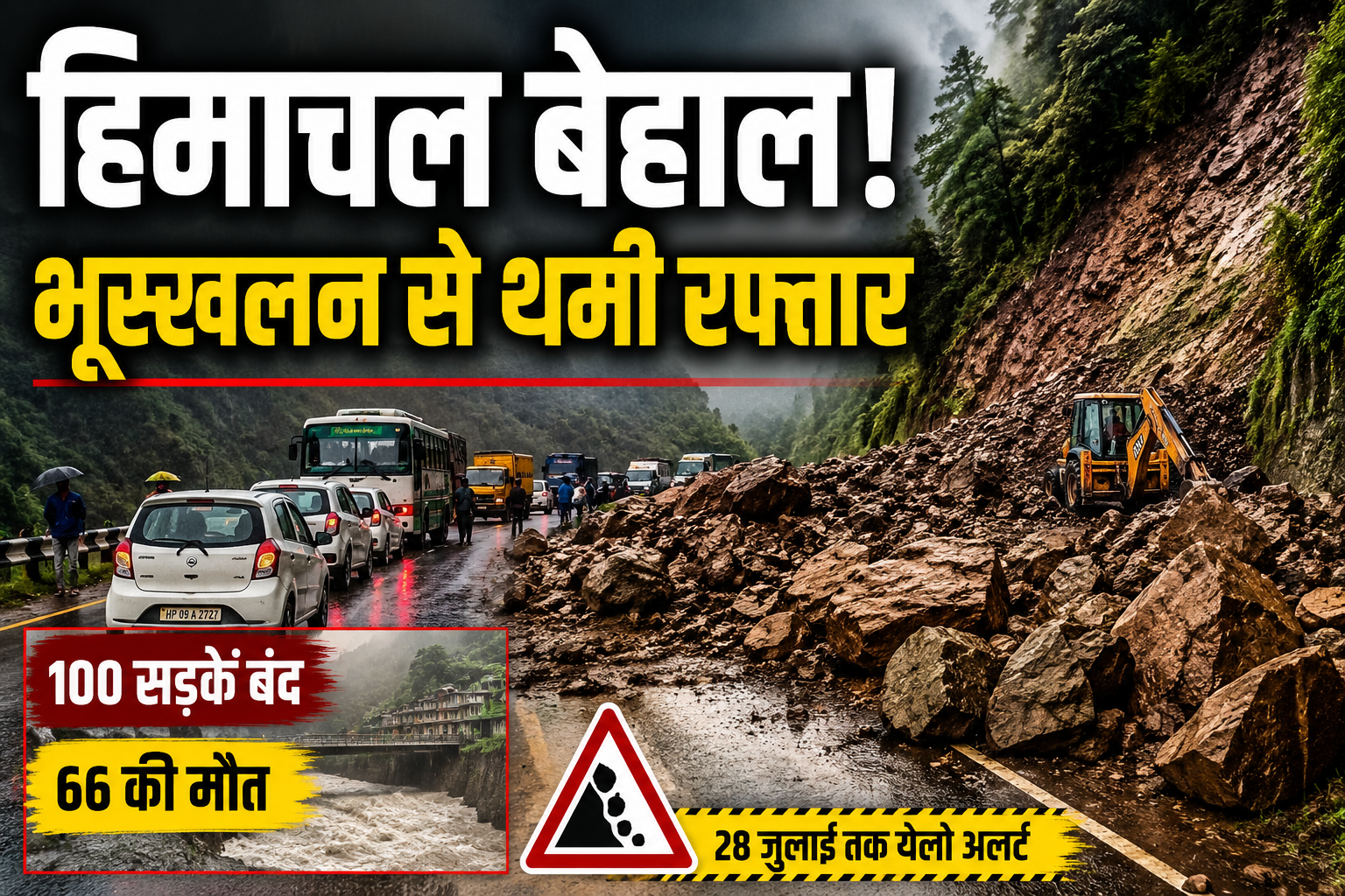 मानसून की मार से हिमाचल बेहाल: अब तक 66 लोगों की गई जान,100 सड़कें बंद; 28 जुलाई तक येलो अलर्ट 
