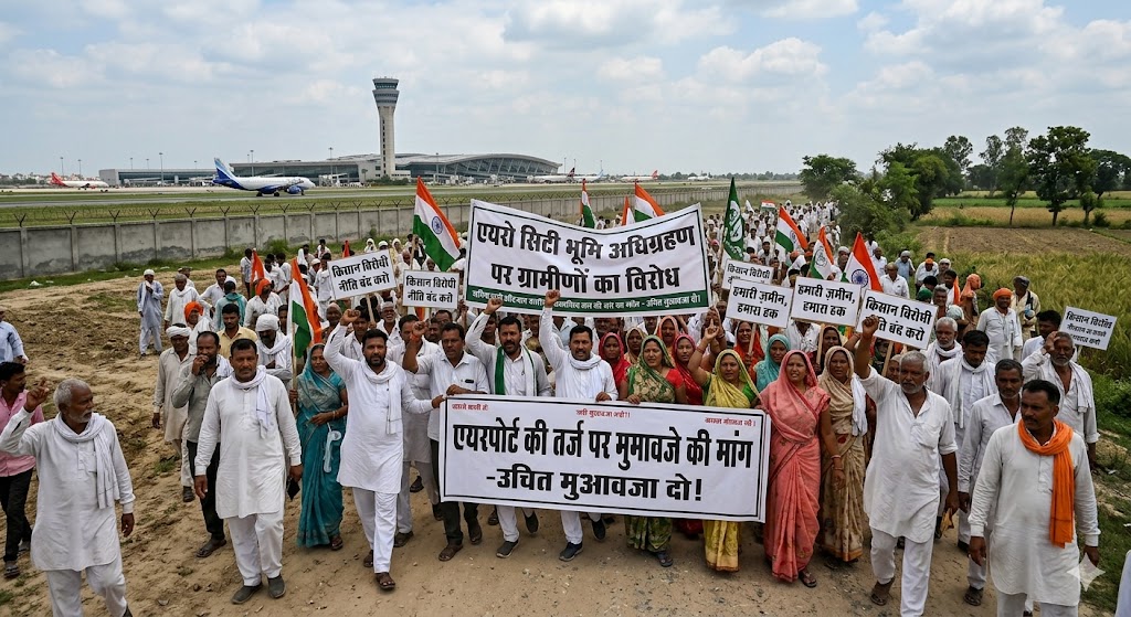 एयरो सिटी भूमि अधिग्रहण पर ग्रामीणों का विरोध, एयरपोर्ट की तर्ज...