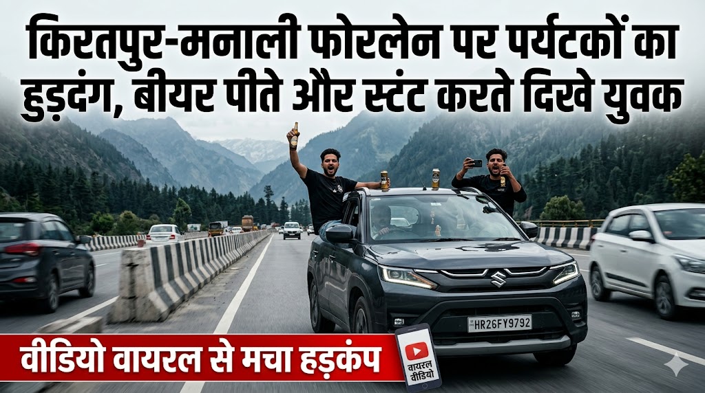 किरतपुर-मनाली फोरलेन पर पर्यटकों का हुड़दंग: चलती कार से बाहर निकलकर बीयर पीते दिखे युवक; वीडियो वायरल