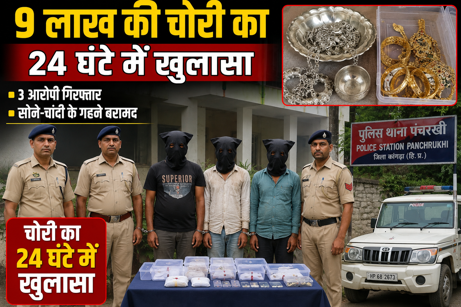 कांगड़ा पुलिस का बड़ा एक्शन: 24 घंटे में सुलझाया 9 लाख की चोरी का मामला, 3 आरोपी गिरफ्तार 